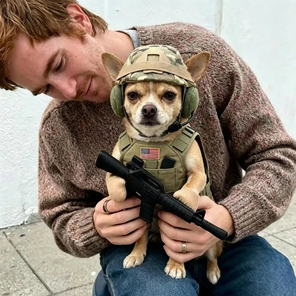 Chihuahua con el disfraz militar para perros