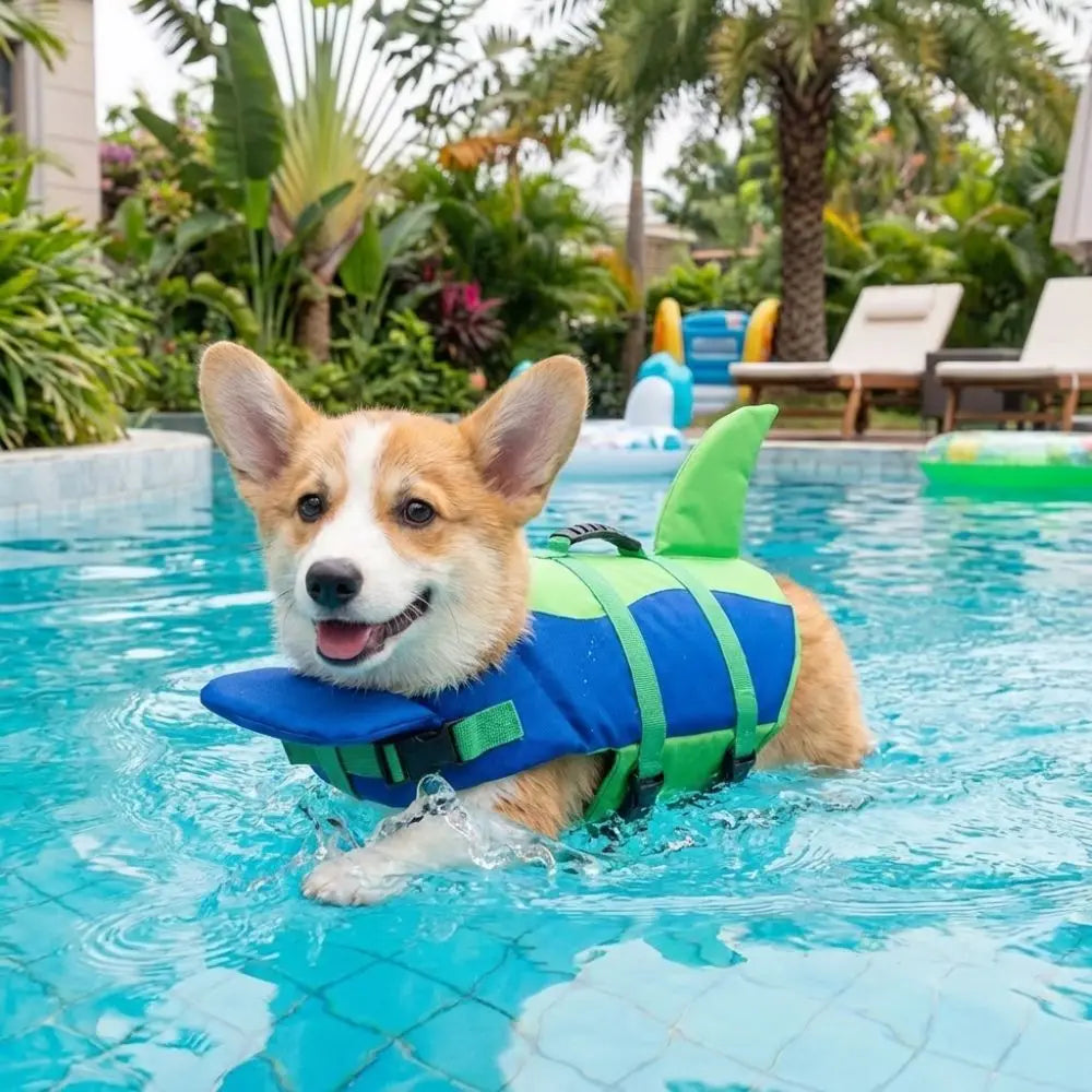 Corgi nadando con el chaleco tiburón en la pileta
