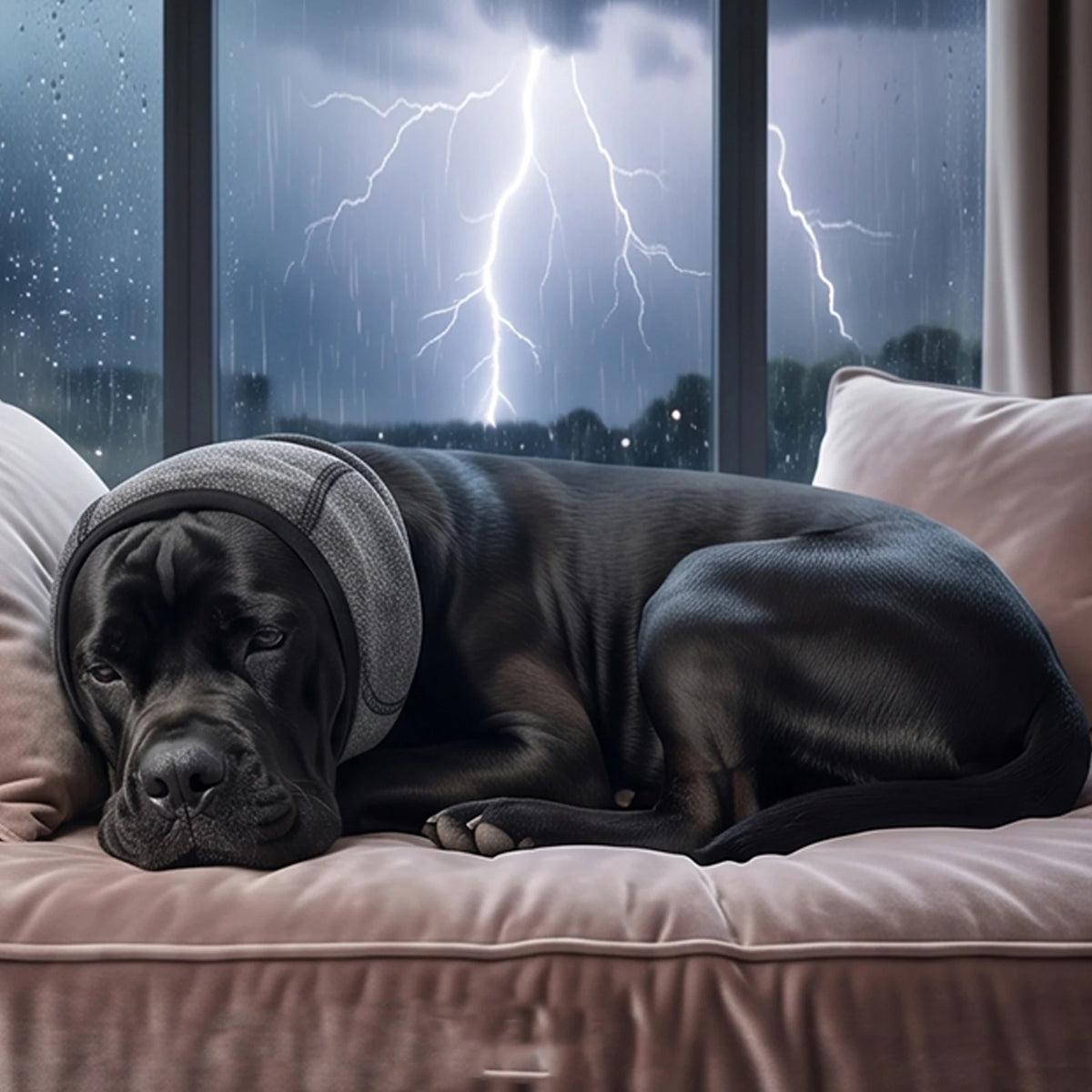 Perro descansando con el cubreorejas durante una tormenta