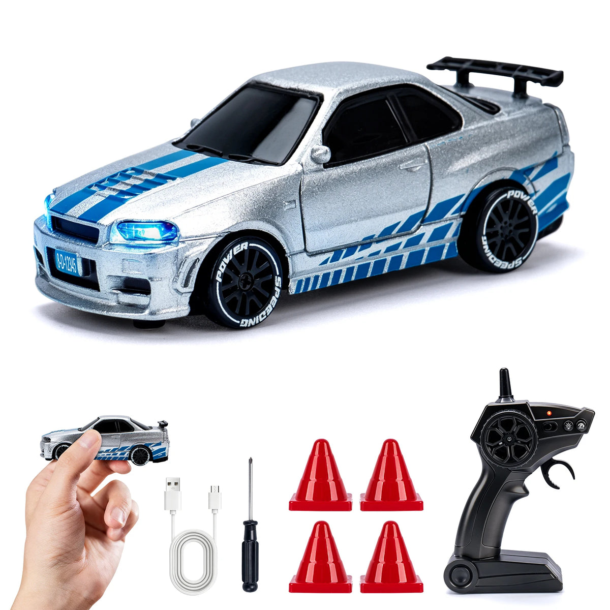 Auto RC de drift 1:64 color plateado y azul