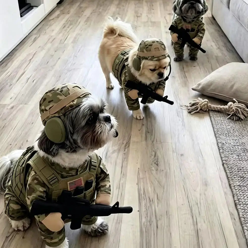 Varios perros chicos con disfraz de soldado