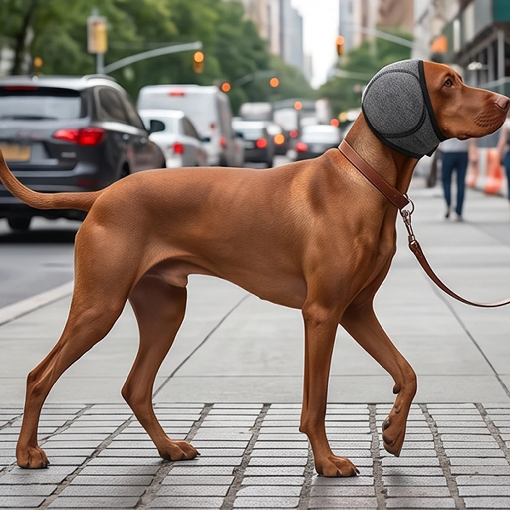 Perro paseando por la calle con cubreorejas