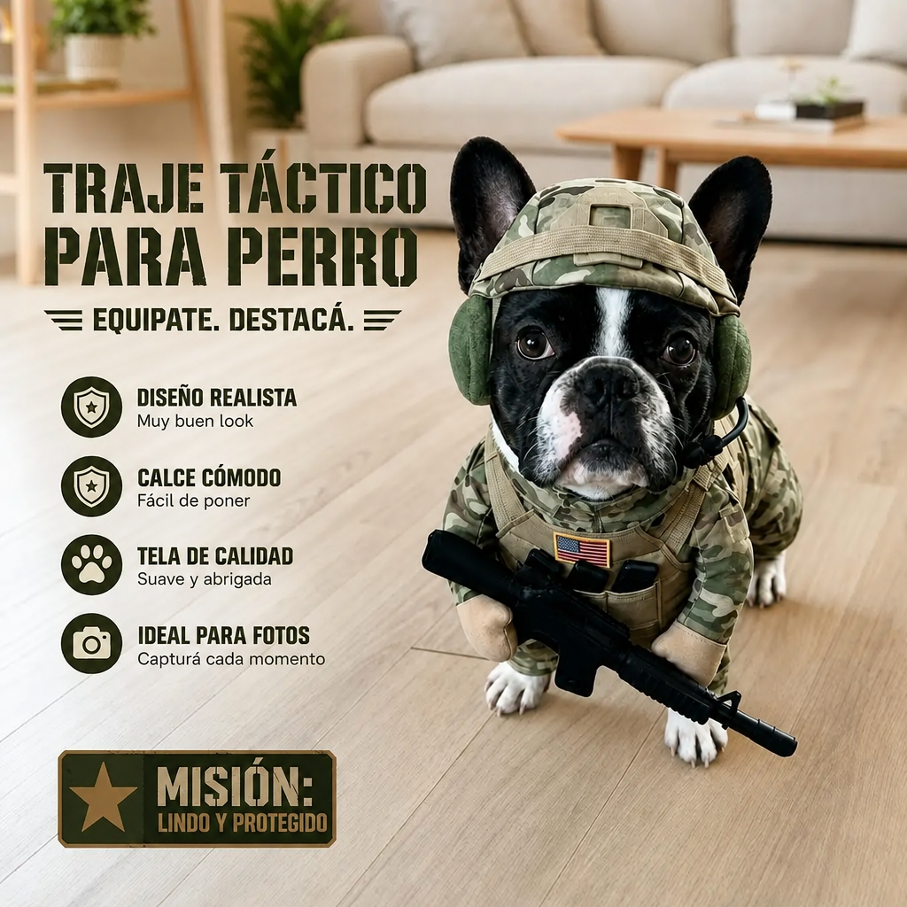 Bulldog francés con traje táctico de camuflaje
