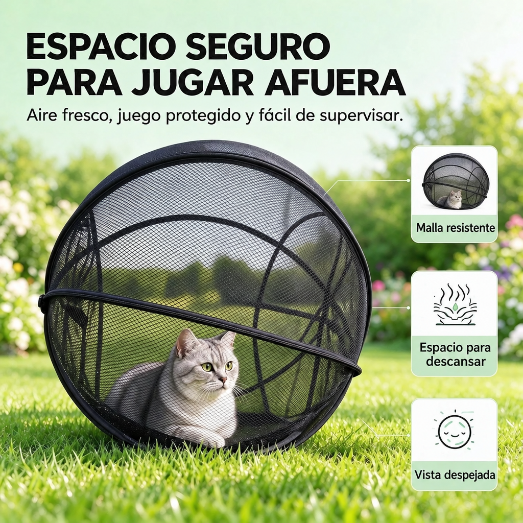 Gato dentro del corral plegable en el pasto