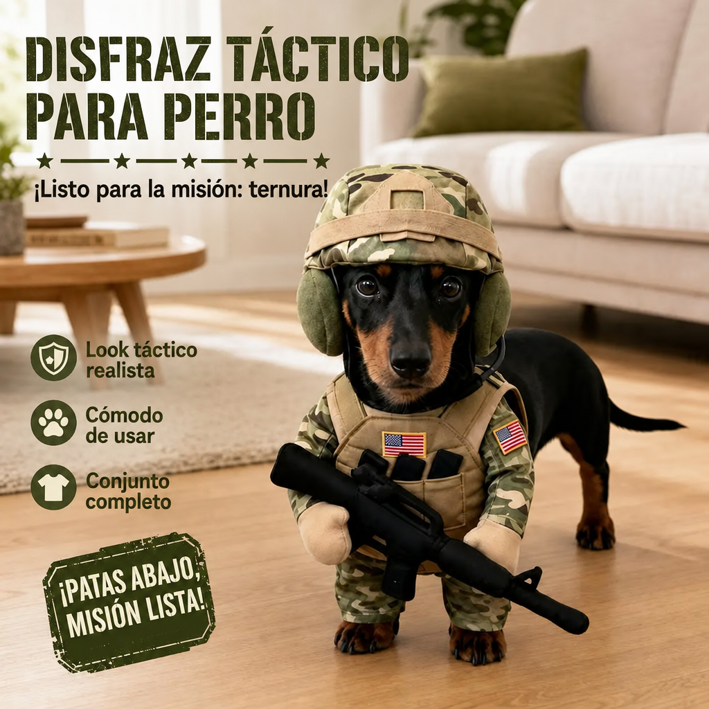 Perro salchicha con disfraz militar de camuflaje, casco y rifle de juguete