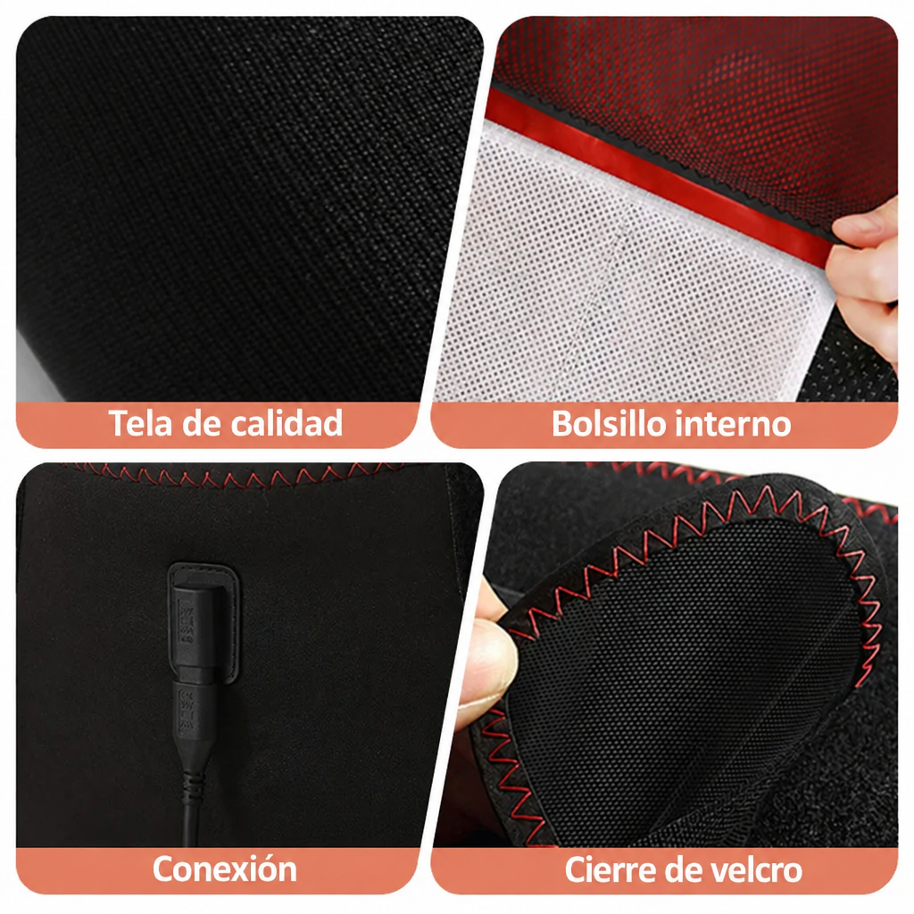 Detalle de la tela, el bolsillo interno, la conexión y el cierre de velcro