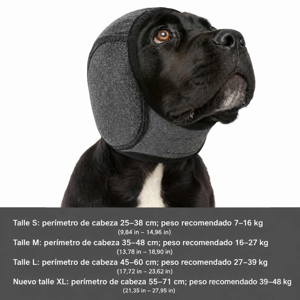 Tabla de talles S, M, L y XL según contorno de cabeza y peso