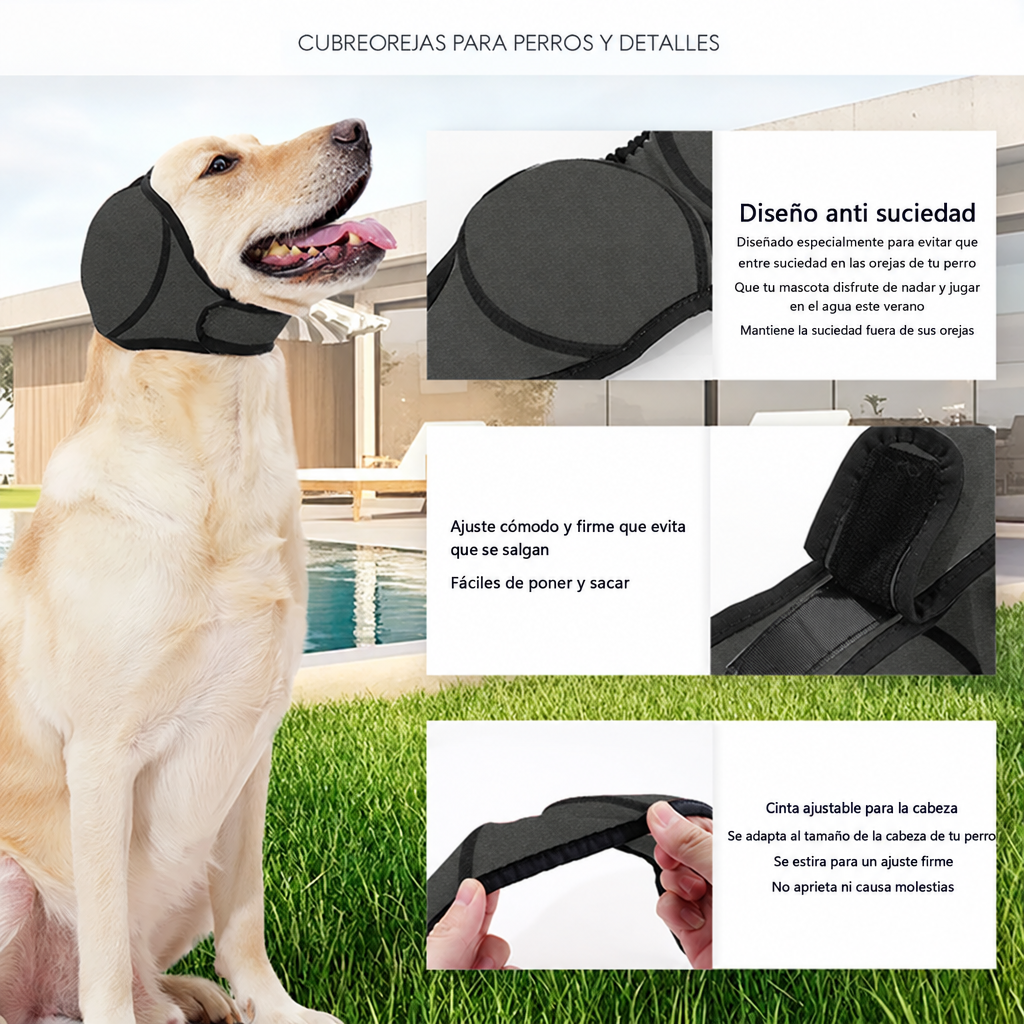 Detalles del cubreorejas: diseño anti suciedad, ajuste cómodo y cinta ajustable