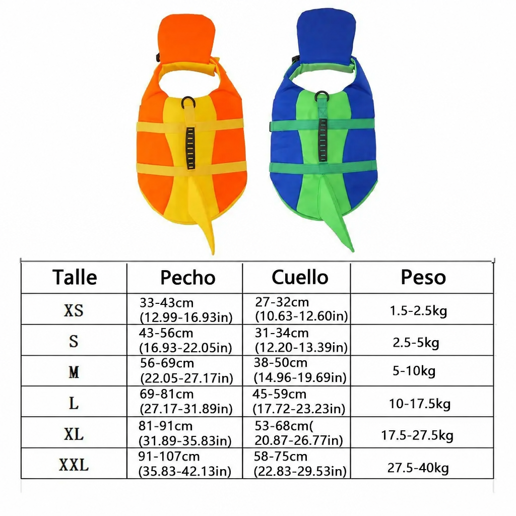 Tabla de talles del chaleco salvavidas tiburón