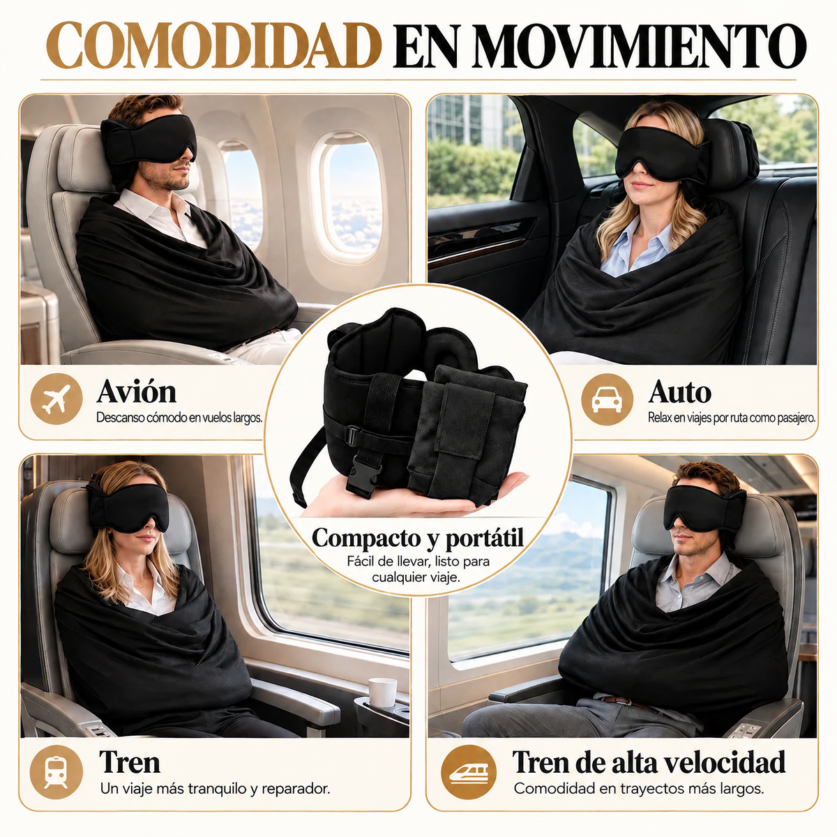 Kit de Descanso 3 en 1 para Viajes: Antifaz, Apoyo para la Cabeza y Soporte para el Torso