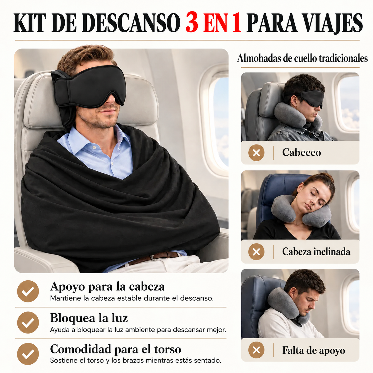 Kit de Descanso 3 en 1 para Viajes: Antifaz, Apoyo para la Cabeza y Soporte para el Torso