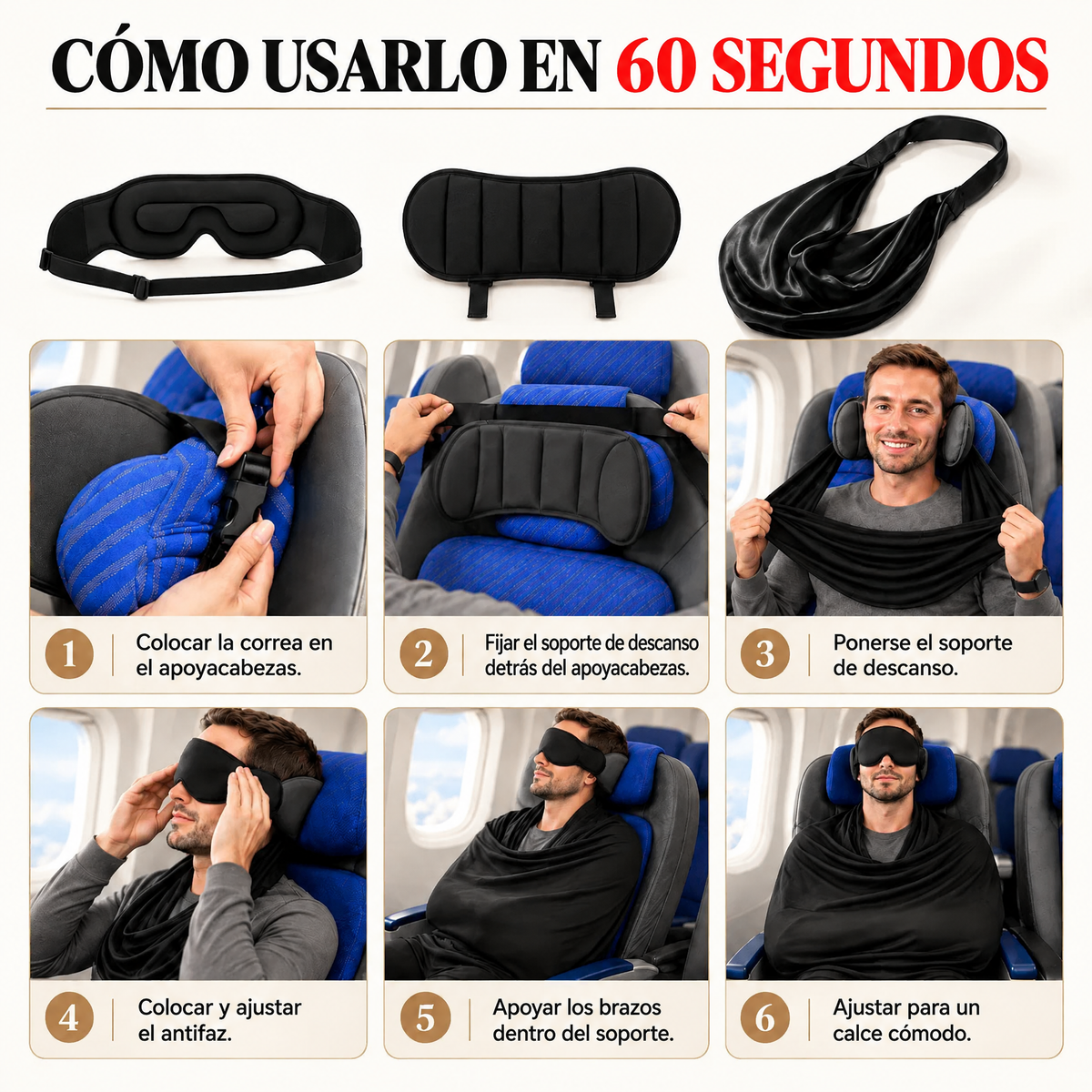 Kit de Descanso 3 en 1 para Viajes: Antifaz, Apoyo para la Cabeza y Soporte para el Torso