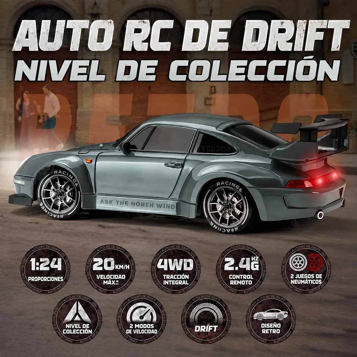 Auto RC de Drift 1:24 con Tracción 4x4 y Luces LED