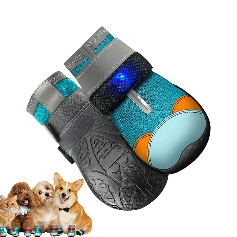 Zapatos LED celestes vistos de costado, con perros y gatos de fondo