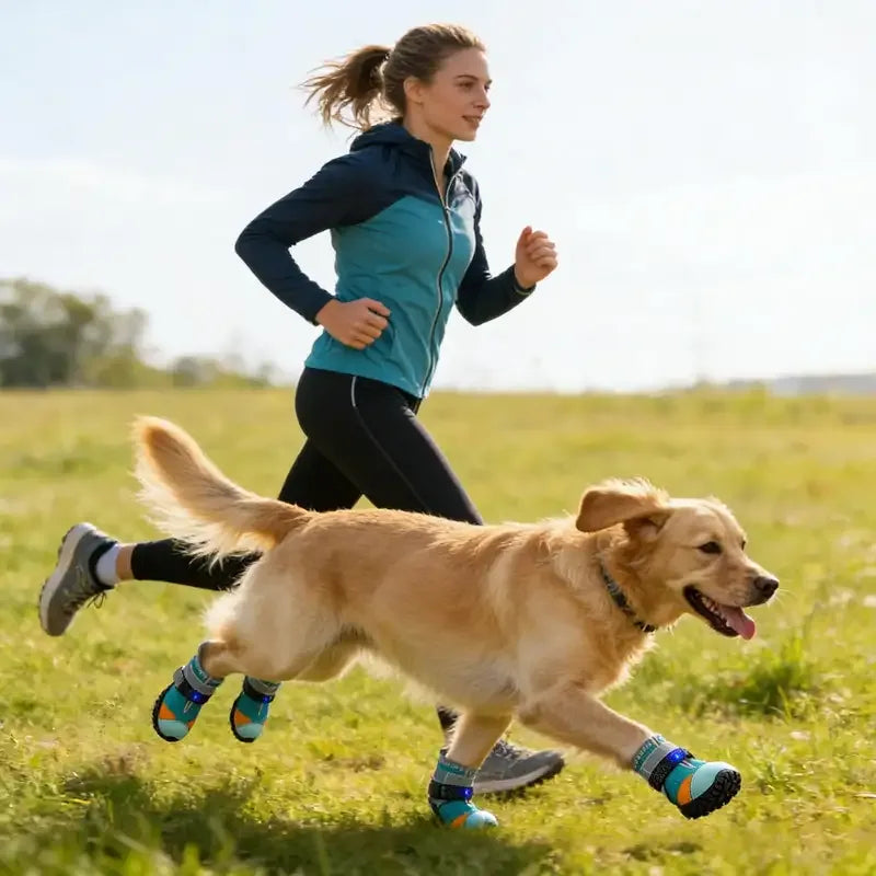 Persona corriendo con su perro, que lleva los zapatos LED