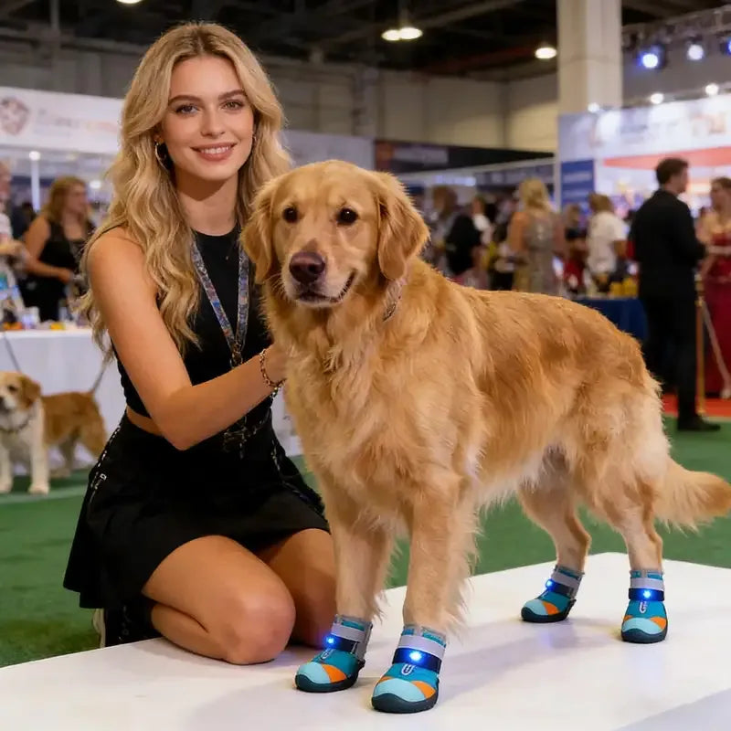 Perro con zapatos LED posando junto a una mujer en una exposición