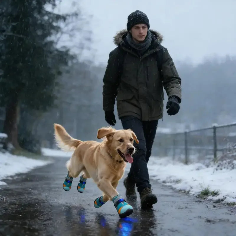 Perro caminando bajo la lluvia con zapatos LED junto a su dueño