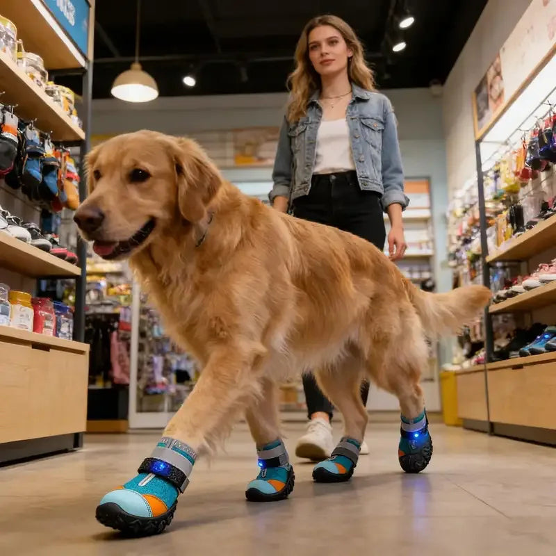 Perro con zapatos LED paseando por una tienda de mascotas