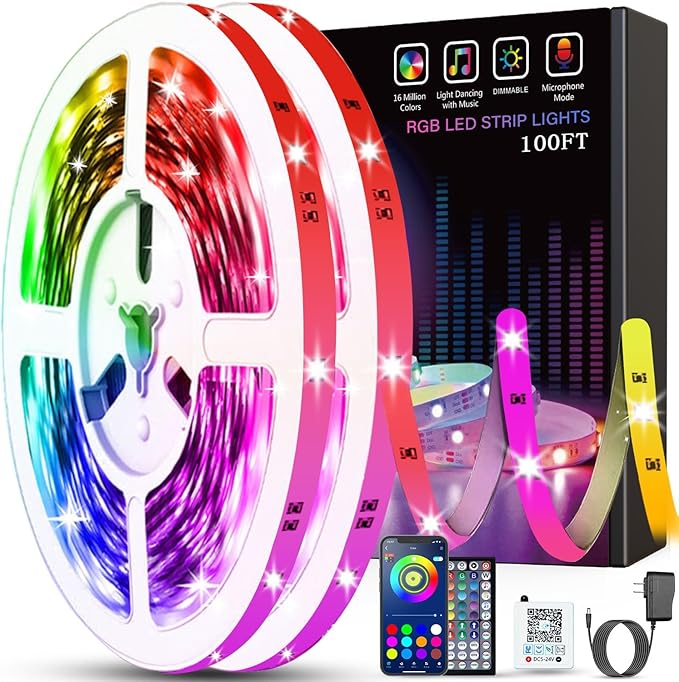 Tenmiro Luces LED para dormitorio de 100 pies (2 rollos de 50 pies) con sincronización de música que cambian de color, tira de luces con control remoto y aplicación, tira RGB para decoración de