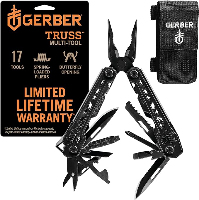 Gerber Gear Truss - Alicates de punta de aguja EDC 17 en 1, incluye cuchillo de bolsillo, destornillador y accesorios para abridor de botellas, regalos para hombres, equipo de pesca y campamento,